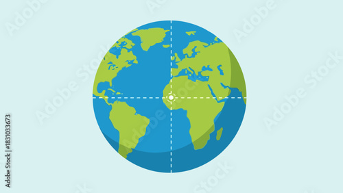 A flat illustration of the Earth with dashed latitude and longitude lines