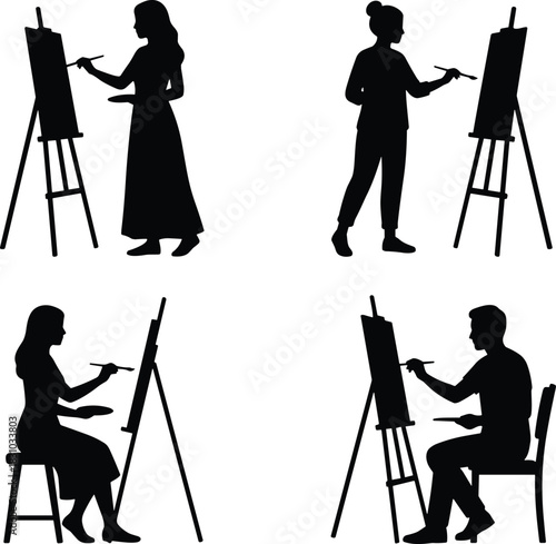 Artist Painting Silhouette Set Diverse Male and Female Painters Working on Easels, Creativity and Art Vector Illustration, White Background.