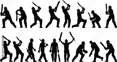 Cricket Batsman Silhouette Set Dynamic Batting Poses, Striking Shots, and Wicket Keeping Action, Sports Vector Illustration, White Background.