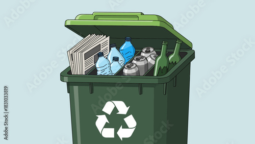 A green recycling bin overflowing with newspapers plastic bottles cans and glass bottles