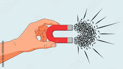 A hand holds a red horseshoe magnet attracting black particles