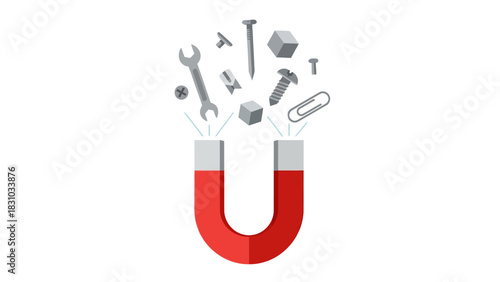 A horseshoe magnet attracting various metal objects such as nails and a wrench