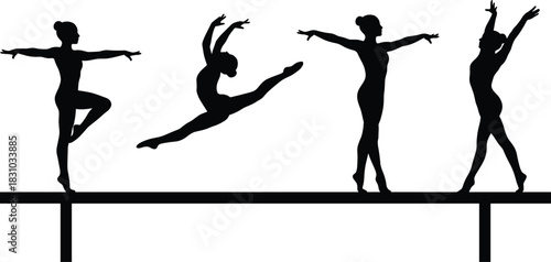 Dynamic Gymnastics and Ballet Silhouette Set Female Athlete Performing Balance Beam Poses, Split Jump, and Arabesque, Sports Vector.