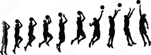 Dynamic Basketball Player Silhouette Shooting Sequence Full Motion Capture, Sports and Athletics Action, Jump Shot Trajectory, White Background.