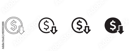 Dollar decline icon set signaling investment losses, market crash, or economic downturn in modern minimal style for financial content and design projects