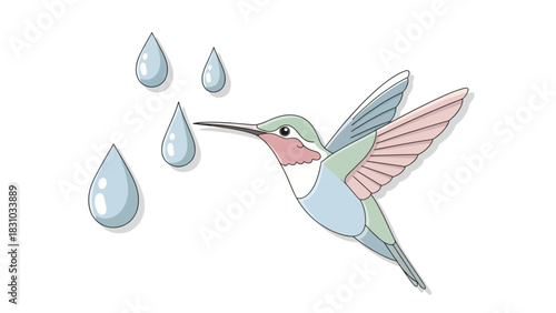 A hummingbird with delicate wings drinks from falling raindrops