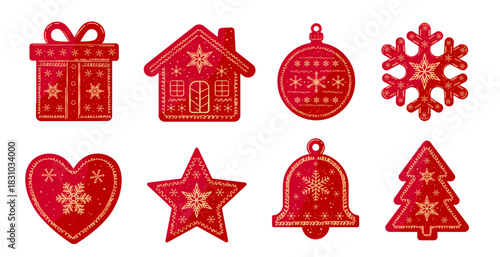 Set of eight red christmas ornaments, gift, house, bauble, snowflake, heart, star, bell, and tree, decorated - vector illustration