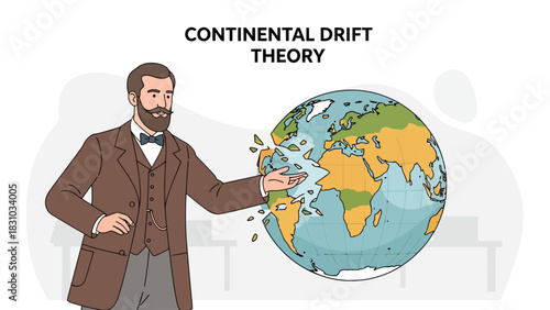 A man in a suit gestures at a globe breaking apart