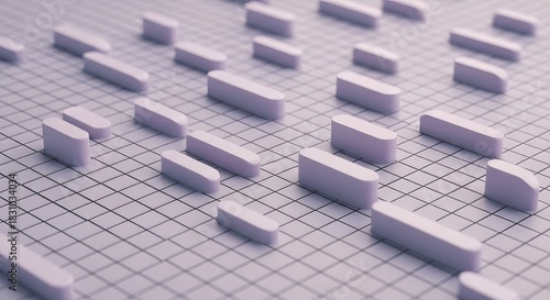 Minimalist concept with pill shapes on grid for healthcare, pharmacy, wellness, or pharmaceutical designs, conveying calm and order in modern marketing