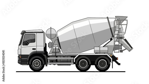 A monochrome illustration of a concrete mixer truck viewed from the side