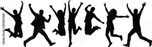 Group of Seven Diverse People Jumping High in the Air, Arms Raised, Isolated Black Silhouettes Representing Joy, Freedom, Celebration, and Achievement on White Background.