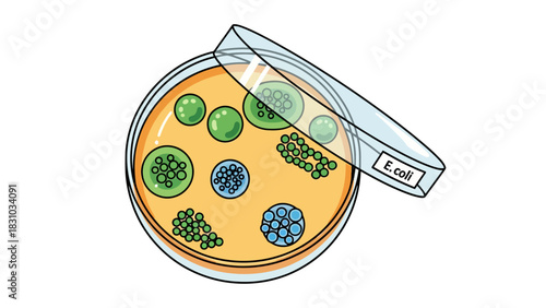 A petri dish with bacterial colonies labeled E coli