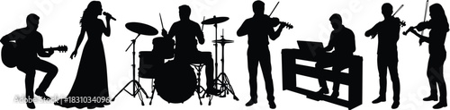 Live Music Band Performance Silhouette Diverse Musicians Playing Instruments, Singer, Violinists, Guitarist, Drummer, Keyboardist, White Background Vector.