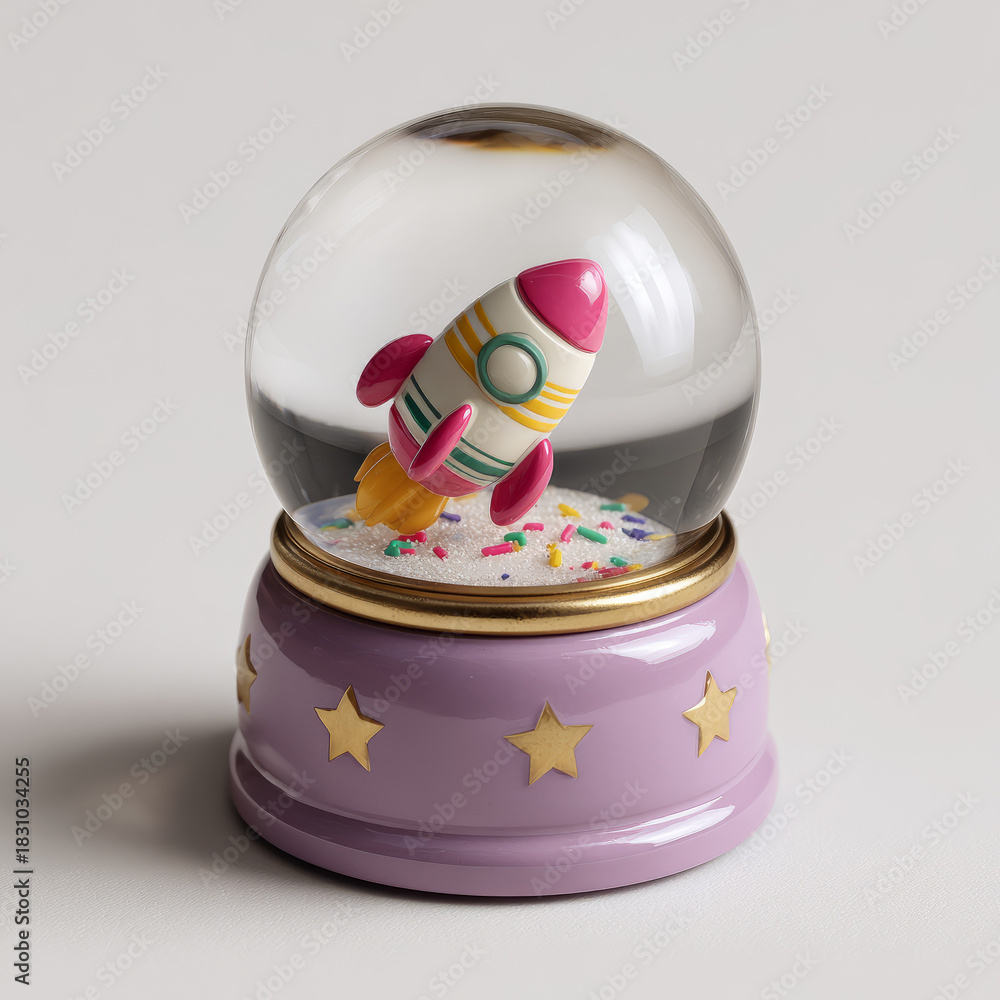 Obraz premium Snow globe with colorful rocket inside on decorative base.