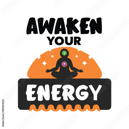 Silhouette figure meditates with orange halo, promoting positive energy and spiritual awakening, on white