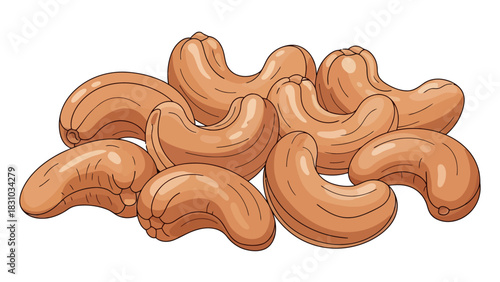 A pile of stylized brown cashews with black line accents