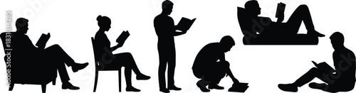 Set of Six Silhouettes of Diverse People Reading Books in Various Poses like Sitting, Standing, and Lying Down, Isolated on White for Education and Literature Concepts.