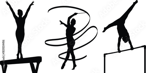 Silhouette Gymnastics Collection Female Athletes Performing Vault, Rhythmic Ribbon Dance, and Uneven Bars Handstand, Isolated on White Background for Sports and Fitness Design.