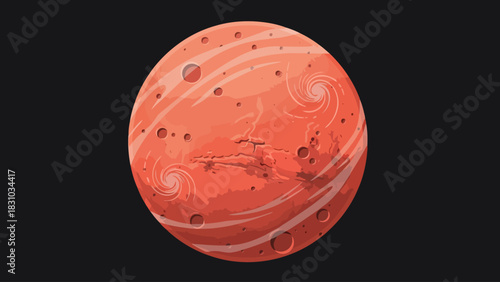 A pixel art illustration of Mars with craters and swirling clouds