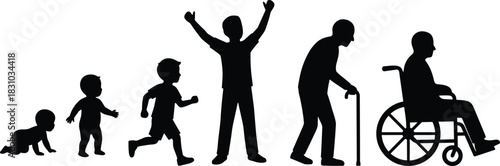 Six Male Silhouettes Illustrating the Human Life Cycle and Age Progression from Crawling Infant and Running Child to Active Adult and Senior Man in a Wheelchair.