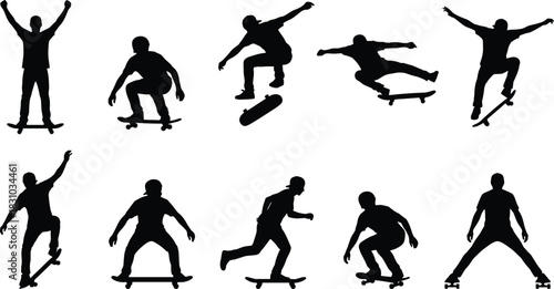 Skateboarder Silhouette Set Dynamic Jumps, Tricks, and Riding Poses, Extreme Urban Sports Vector Illustration, Isolated on White Background.