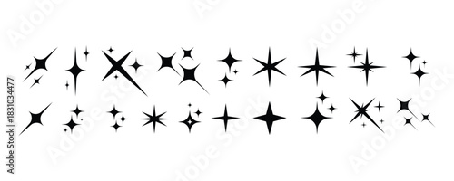 Collection of Black Sparkle and Twinkle Star Icons Vector Set for Shine, Magic, Cleanliness, and Brightness Effects