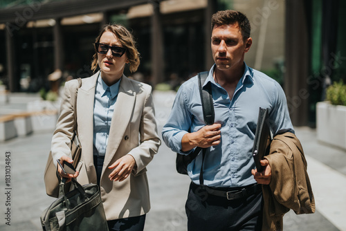 Billede på lærred A man and a woman in smart business attire walk through a modern urban area, carrying briefcases and folders, conveying teamwork, travel, and everyday work life in a bustling city setting