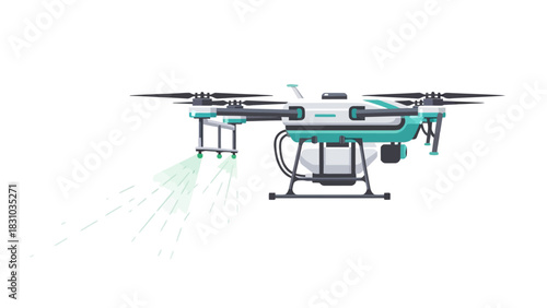A pixelated illustration of a white and teal drone spraying green liquid