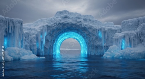 Fototapeta Naklejka Na Ścianę i Meble -  Luminous Ice Cave Entrance Over Blue Water