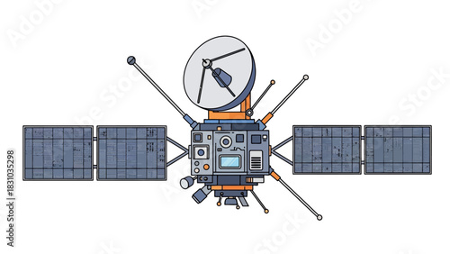 A pixelated illustration of a spacecraft with solar panels and a dish antenna