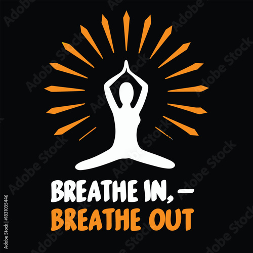 Figure meditates in lotus pose with raised hands with orange sunbursts on black