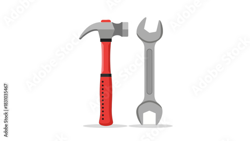 A red hammer and a grey wrench stand sidebyside on a white background