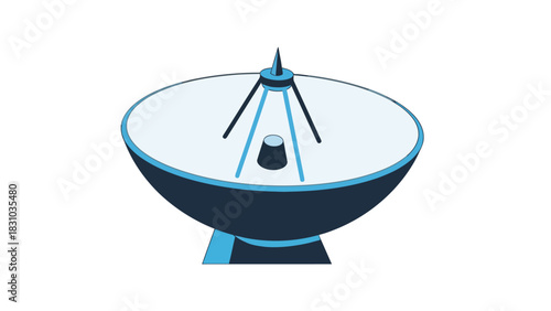 A satellite dish with a dark blue parabolic reflector and a stand