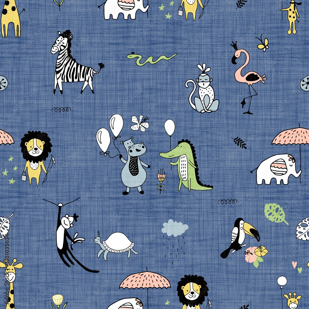 Obraz premium Hand drawn cute funny animals tropical seamless pattern background