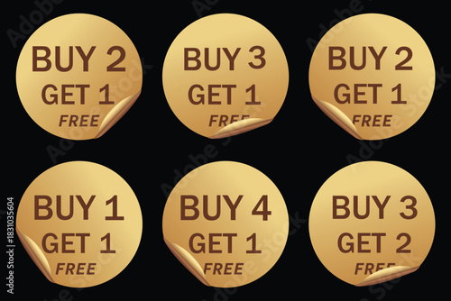 Free Sticker and Free sale tags icon vector on circle. Buy One Get One, Buy Two Get One, Buy Three Get One, Buy Three Get Two and more free sale tags. Special discount for sale. Vector illustration.