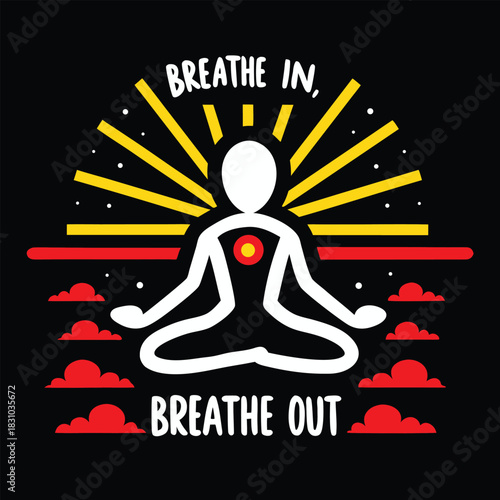 Faceless figure meditating in lotus pose surrounded by clouds and yellow radiating bars on black