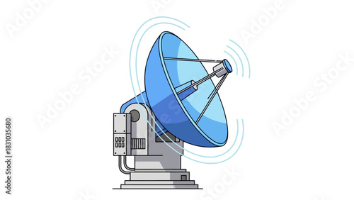 A blue parabolic dish antenna mounted on a gray base with signal waves