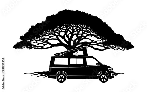 Black silhouette of a camper van under a large tree isolated on transparent background