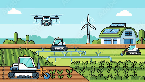 A drone surveys a farm with automated irrigation a wind turbine and solar panels powering a house