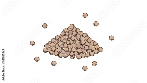 A pile of brown circular objects scattered on a white background