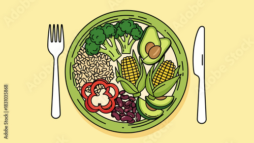 A healthy food bowl with fork and knife