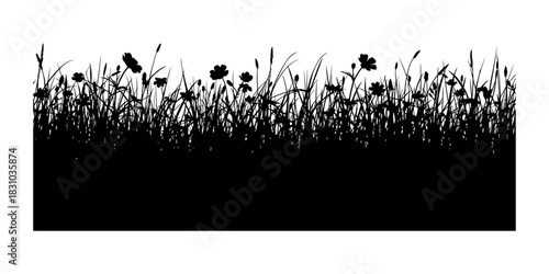 Black silhouette of wild grass and flowers isolated on transparent background
