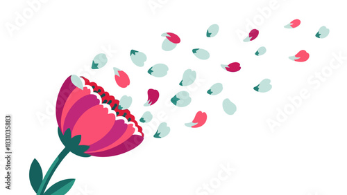 A pink flower with petals blowing away