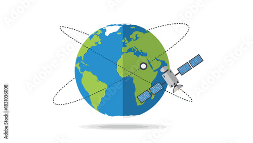 A satellite orbits the Earth connected by dotted lines