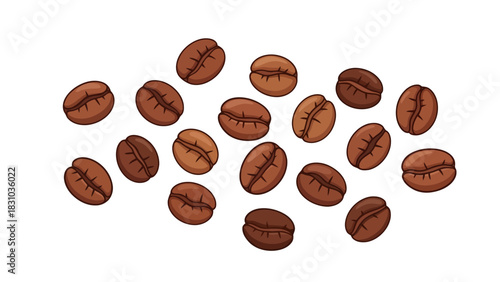 A scattering of brown coffee beans on a white background