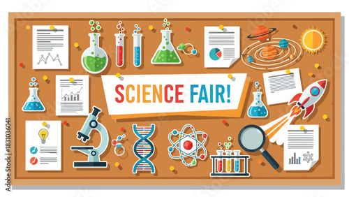 A science fair bulletin board featuring various scientific icons and a Science Fair message