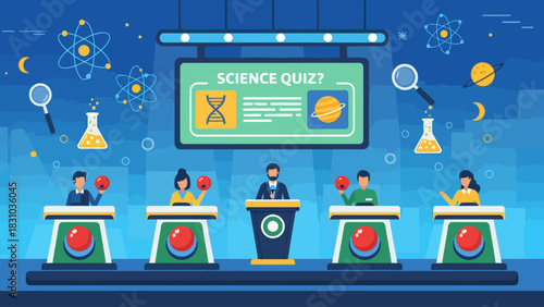 A science quiz show with contestants and a host