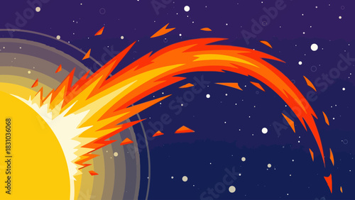 A solar flare erupts from a bright yellow sun into a starry purple sky