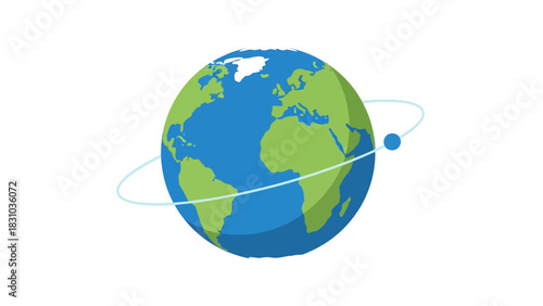 A stylized depiction of Earth with a blue satellite orbiting