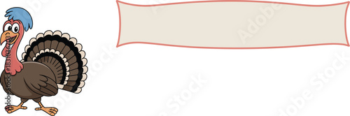 Cartoon turkey with cheerful expression beside blank banner for Thanksgiving greeting, festive label, or holiday message design